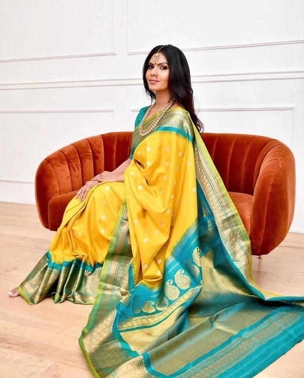 Glowing Yellow Soft Banarasi Silk Saree With Charming Blouse Piece - Shop authentic Indian Women's Fashion by Silk Folks