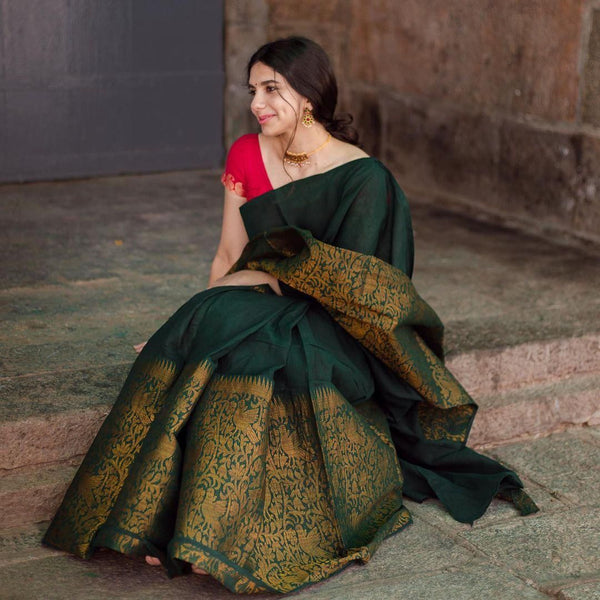 Refreshing Green Soft Silk Saree With Gorgeous Blouse Piece - Shop authentic Indian Women's Fashion by Silk Folks