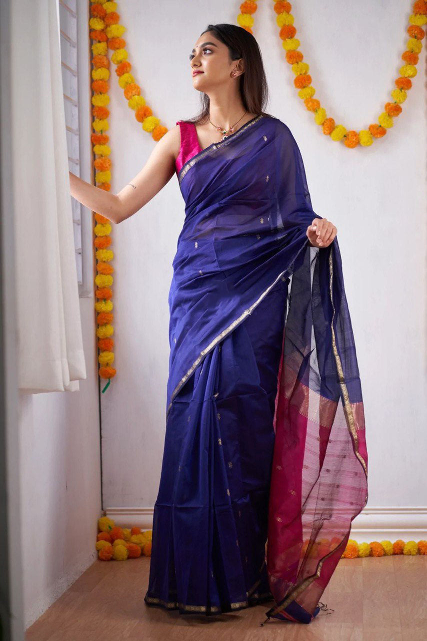 Woebegone Navy Blue Cotton Silk Saree With Mesmerising Blouse Piece - Shop authentic Indian Women's Fashion by Silk Folks