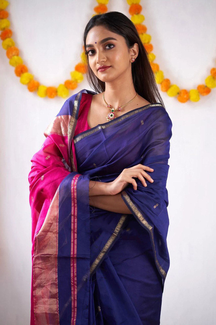 Woebegone Navy Blue Cotton Silk Saree With Mesmerising Blouse Piece - Shop authentic Indian Women's Fashion by Silk Folks
