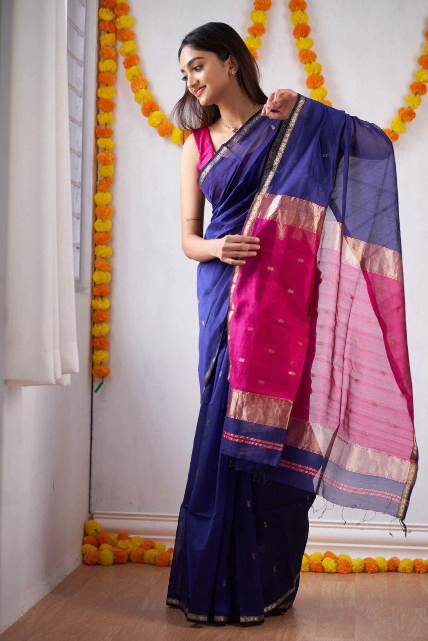 Woebegone Navy Blue Cotton Silk Saree With Mesmerising Blouse Piece - Shop authentic Indian Women's Fashion by Silk Folks