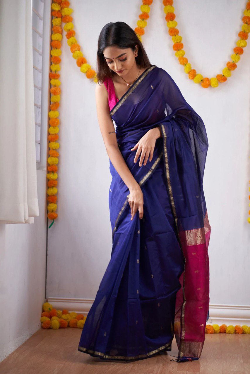 Woebegone Navy Blue Cotton Silk Saree With Mesmerising Blouse Piece - Shop authentic Indian Women's Fashion by Silk Folks