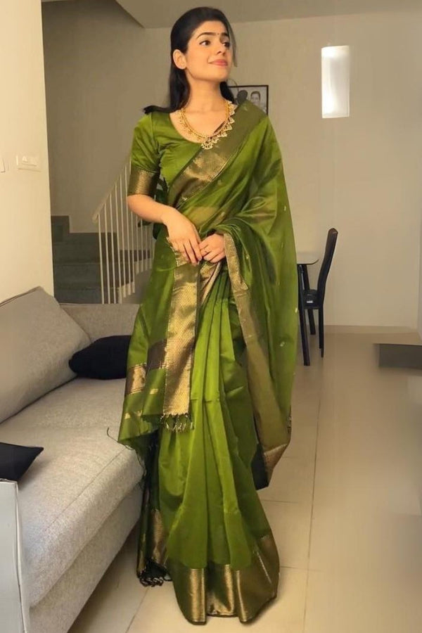 Fancifull Green Cotton Silk Saree With Hypnotic Blouse Piece - Shop authentic Indian Women's Fashion by Silk Folks