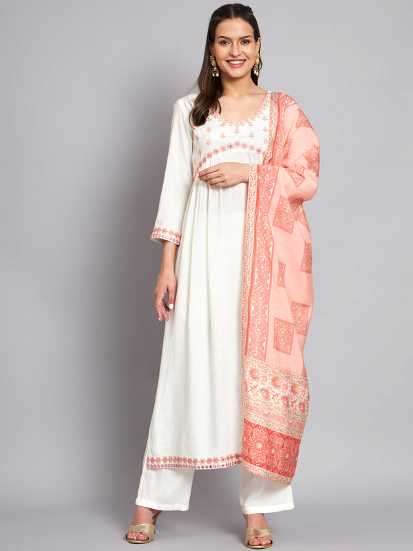 Women's Rayon White Alia Cut A-Line Kurta with Dupatta Set - Shop authentic Indian Women's Fashion by Nehamta