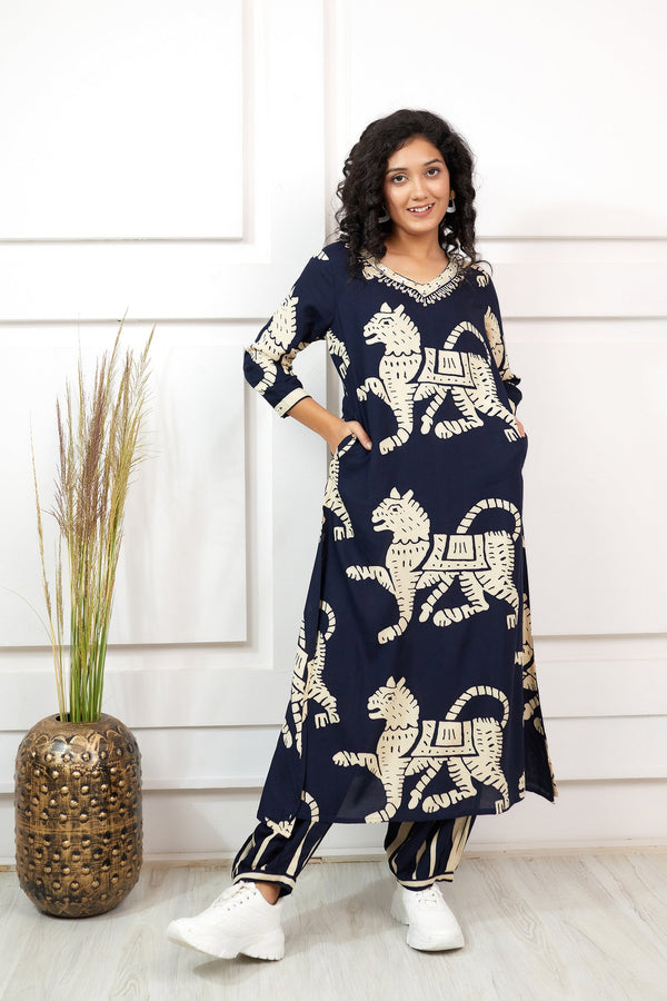 Women's Rayon Navy Blue Straight Ethnic Set - Shop authentic Indian Women's Fashion by Nehamta
