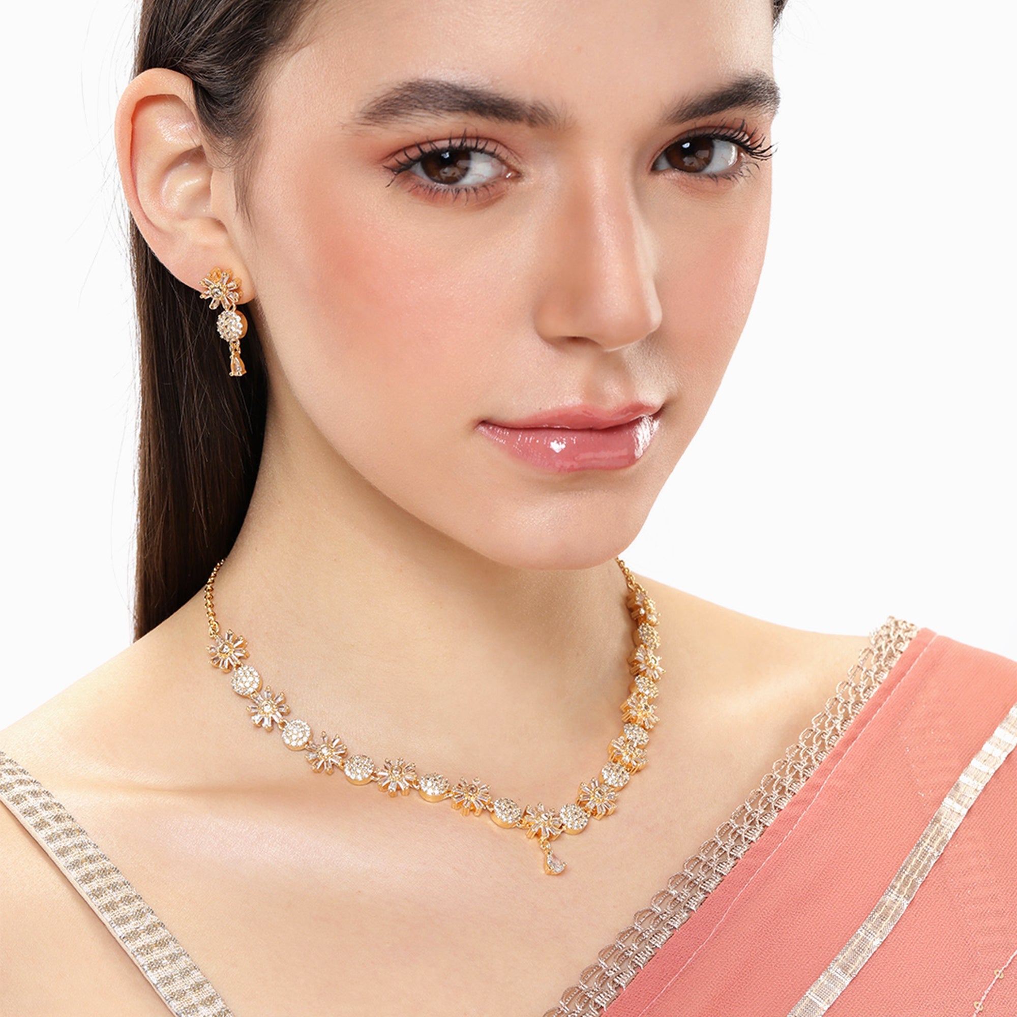 Gold Plated Floral Design Necklace Set for Women - 1,Gold,18 Inch