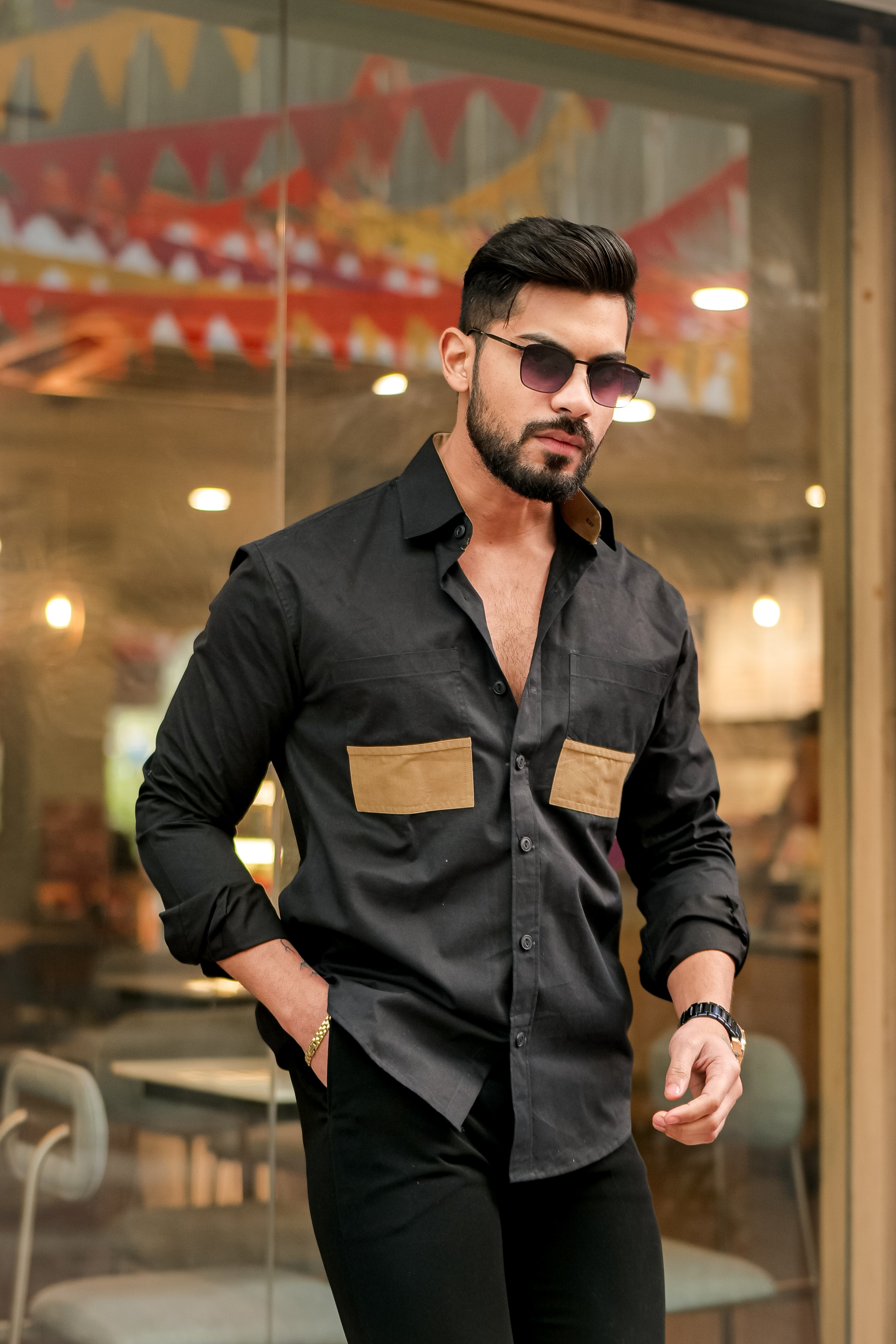 Buy Black Double Pocket Cotton Designer Shirt in India at Best