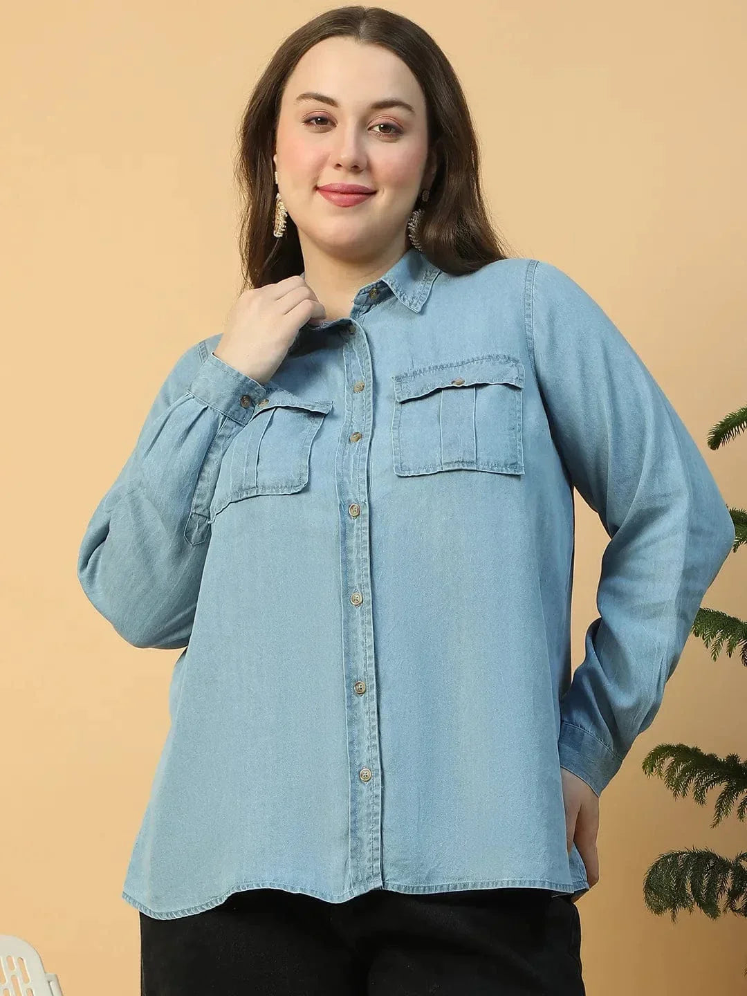 Quick Light Blue Collared Neck With Button Down Long Sleeve Plus Size Women Cotton Denim Shirt 2XL