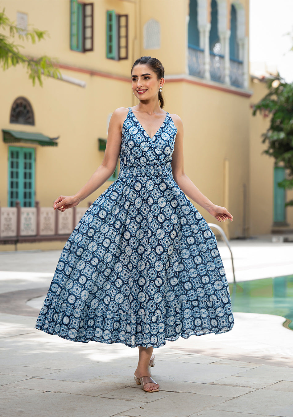 Buy Blue Floral Print Pure Cotton Fit & Flare Dress in India at Best