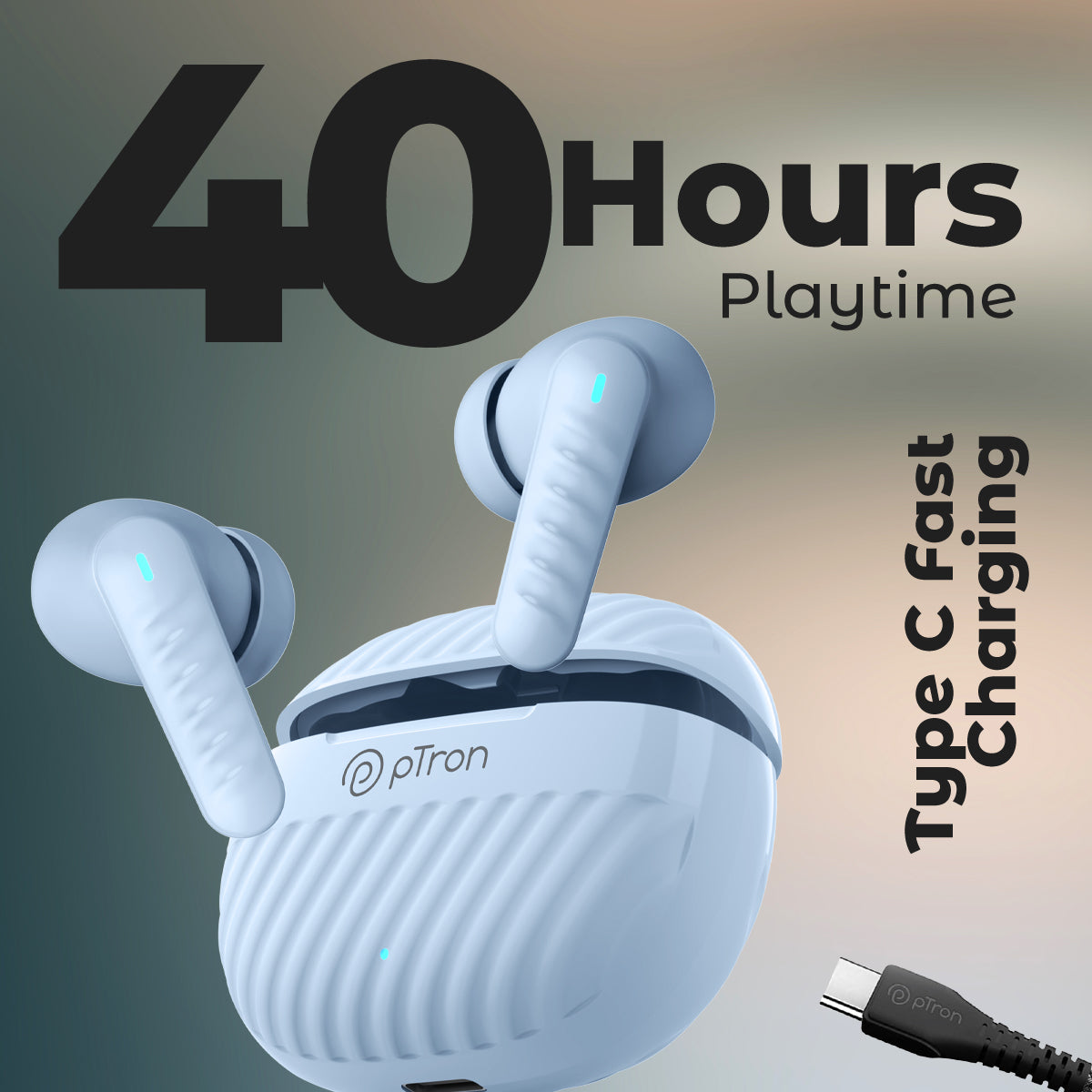 pTron Basspods Ace TWS in Ear Earbuds with 4 Quadpro Mics, 3D Audioscape, Trutalk Enc Calls, 40H Playtime, 50Ms Low-Latency Game/Music Modes, BT5.3, Type C Fast Charging & IPX5 Water Resistant (Light Blue)
