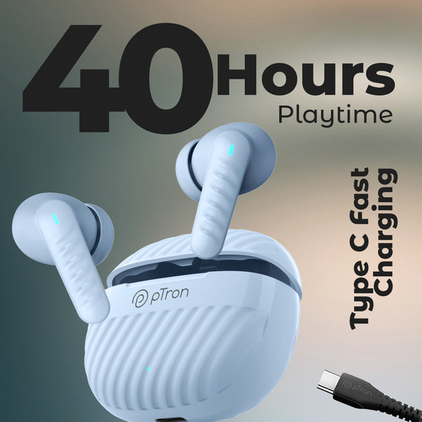 pTron Basspods Ace TWS in Ear Earbuds with 4 Quadpro Mics, 3D Audioscape, Trutalk Enc Calls, 40H Playtime, 50Ms Low-Latency Game/Music Modes, BT5.3, Type C Fast Charging & IPX5 Water Resistant (Light Blue)