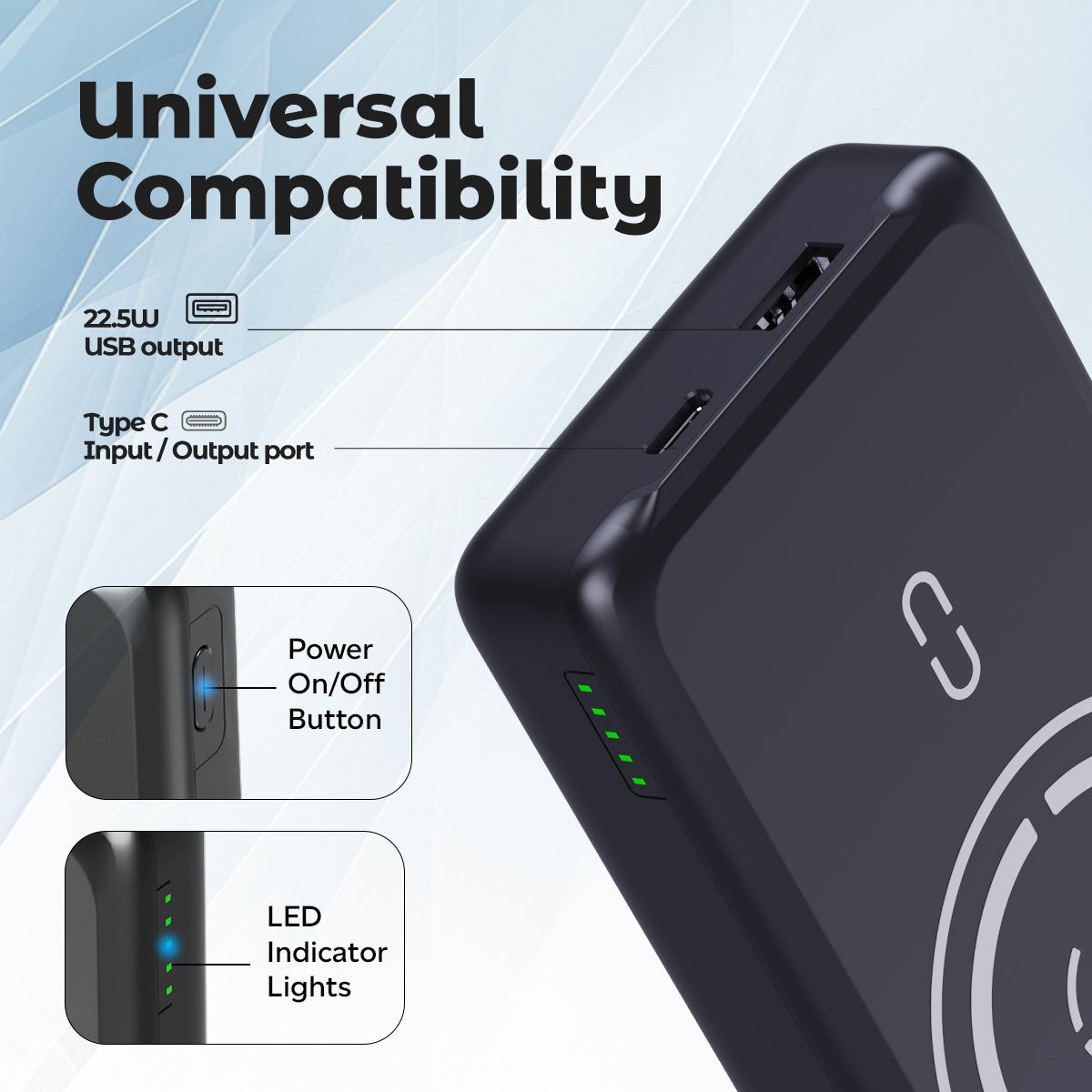 pTron Dynamo Arc 10000mAh 22.5W Fast Charging Power Bank, 15W Wireless Charging, 20W PD/Type C Fast Charging, 3 Outputs/2 Inputs, Digital Display, Built-in Cables & BIS Certified (Black)