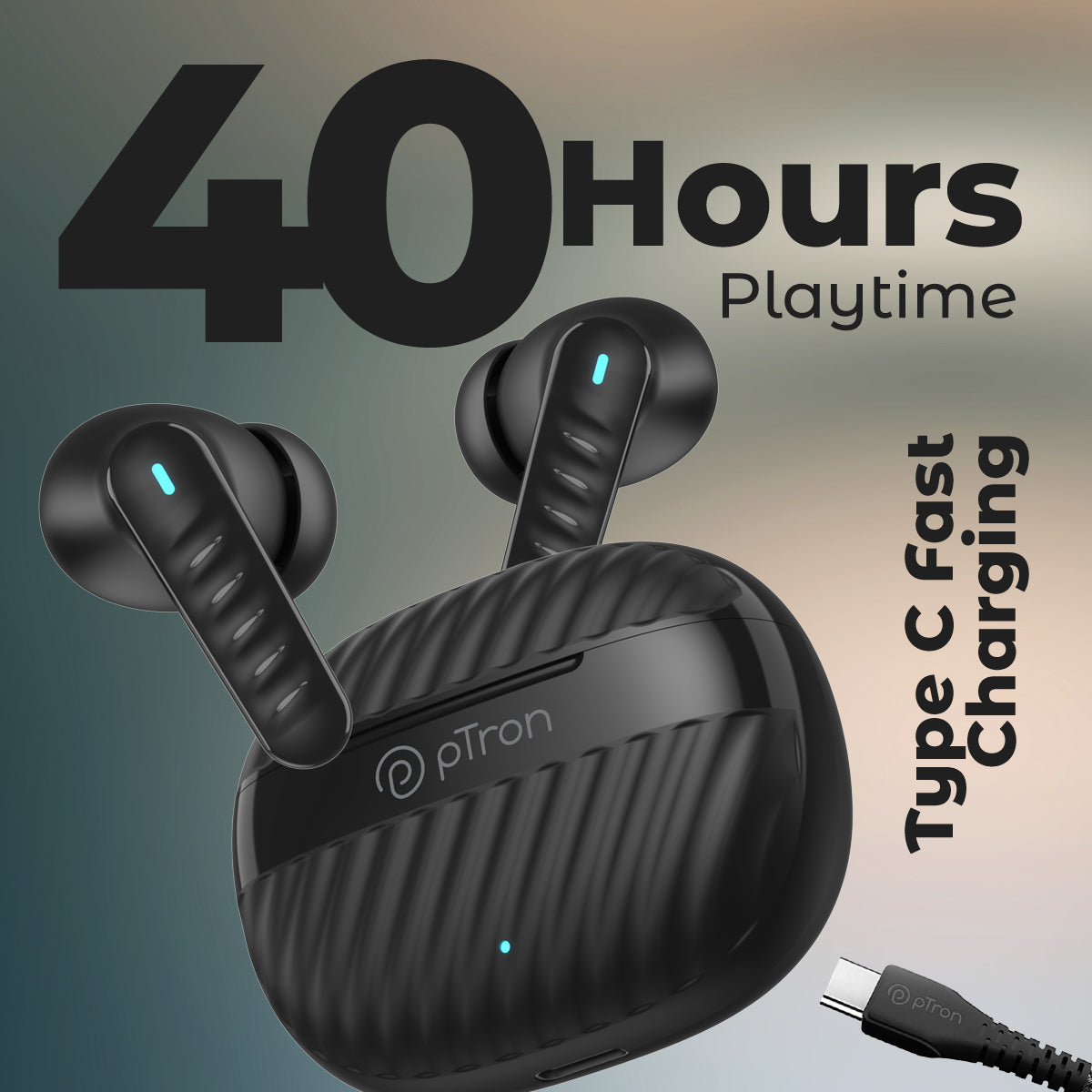 pTron Bassbuds Bliss TWS in Ear Earbuds with 4 Quadpro Mics, 3D Audioscape, Trutalk Enc Calls, 40H Playtime, 50Ms Low-Latency Game/Music Modes, BT5.3, Type C Fast Charging & IPX5 Water Resistant (Jet Black)