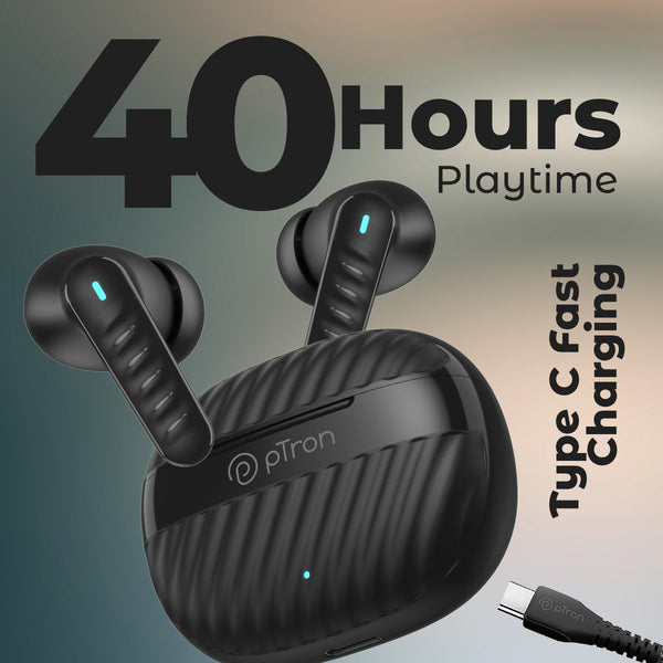 pTron Bassbuds Bliss TWS in Ear Earbuds with 4 Quadpro Mics, 3D Audioscape, Trutalk Enc Calls, 40H Playtime, 50Ms Low-Latency Game/Music Modes, BT5.3, Type C Fast Charging & IPX5 Water Resistant (Jet Black)