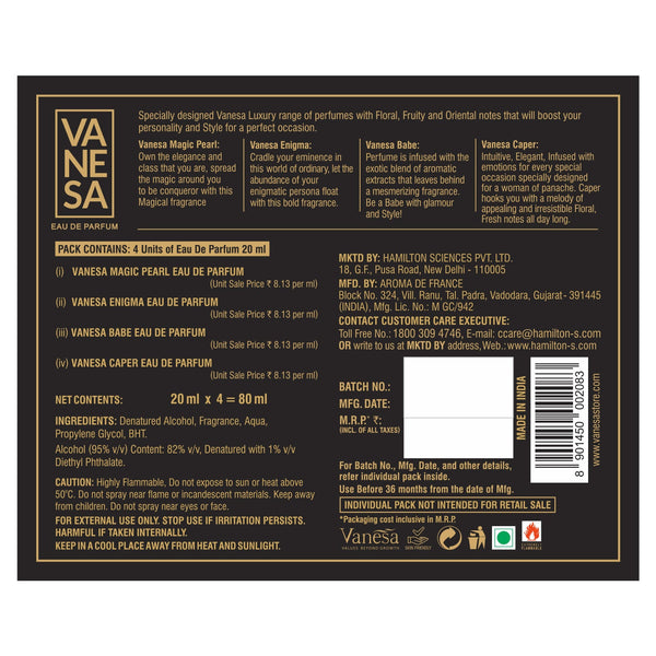 Vanesa Luxury Perfume Gift Set, Enigma, Magic pearl, Babe, Caper|For W - Shop authentic Indian Beauty by Vanesa Beauty
