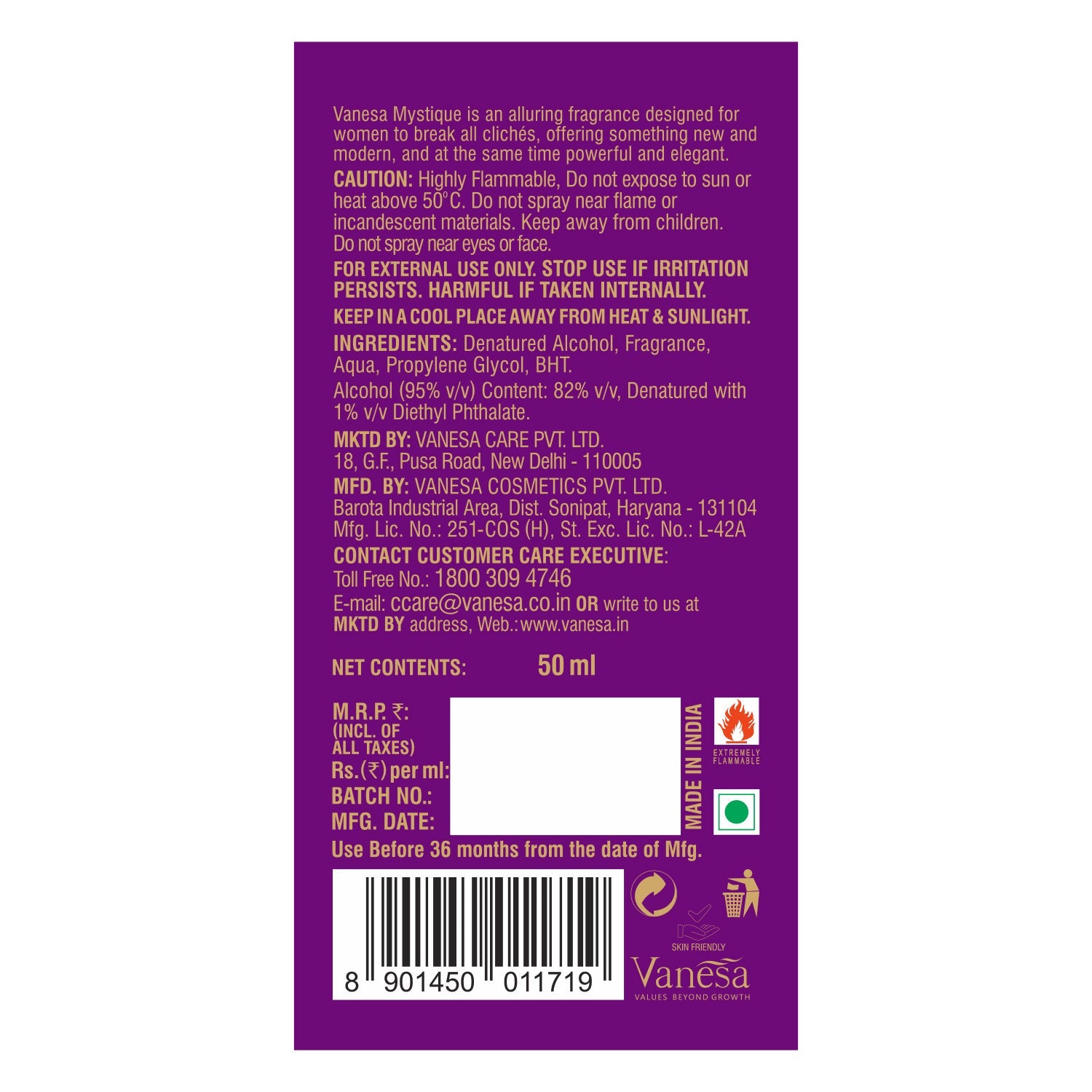 Vanesa Mystique Eau De Parfum | Long Lasting Fragrance Perfume | Skin  - Shop authentic Indian Beauty by Vanesa Beauty