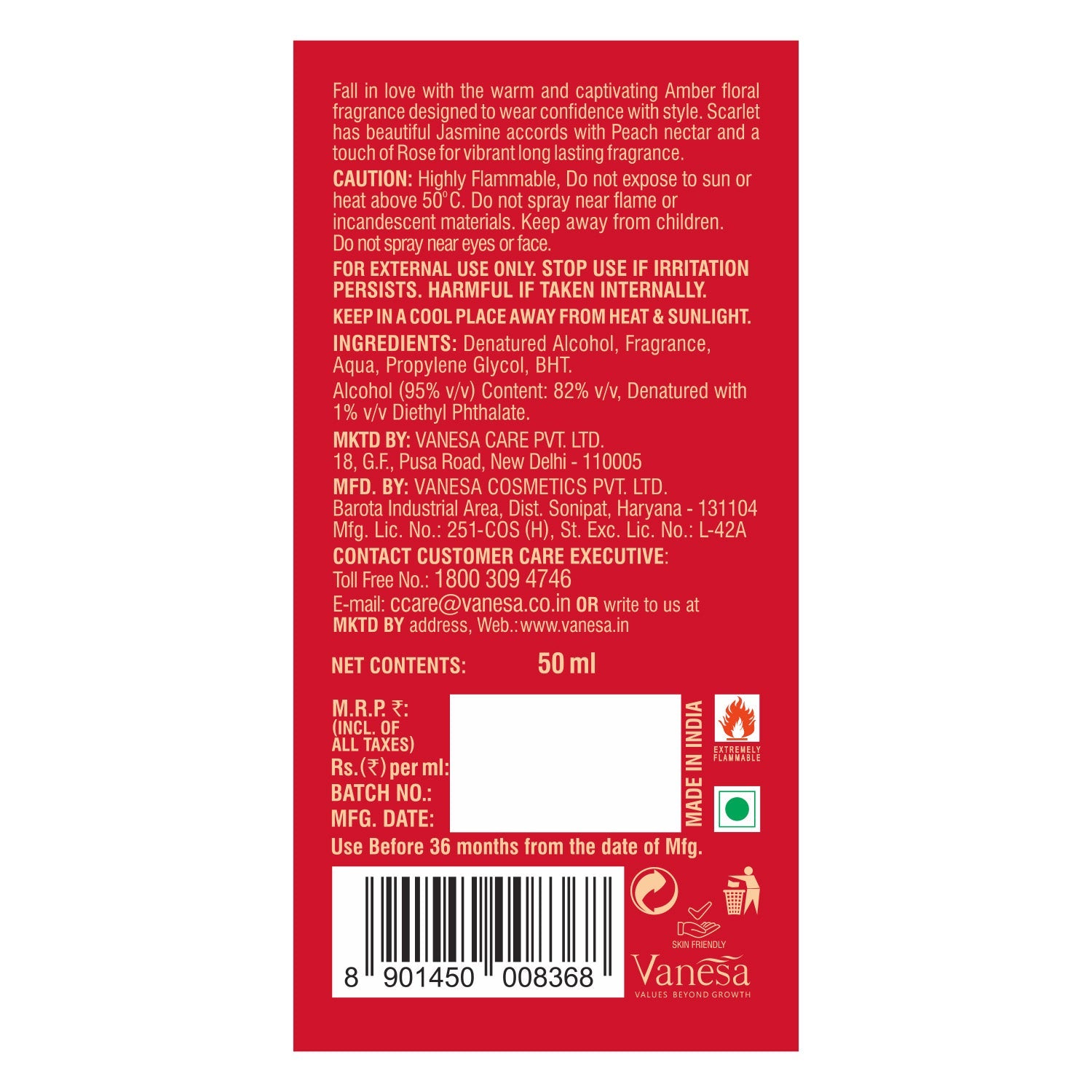Vanesa Scarlet Eau De Parfum | Long Lasting Fragrance Perfume | Skin F - Shop authentic Indian Beauty by Vanesa Beauty