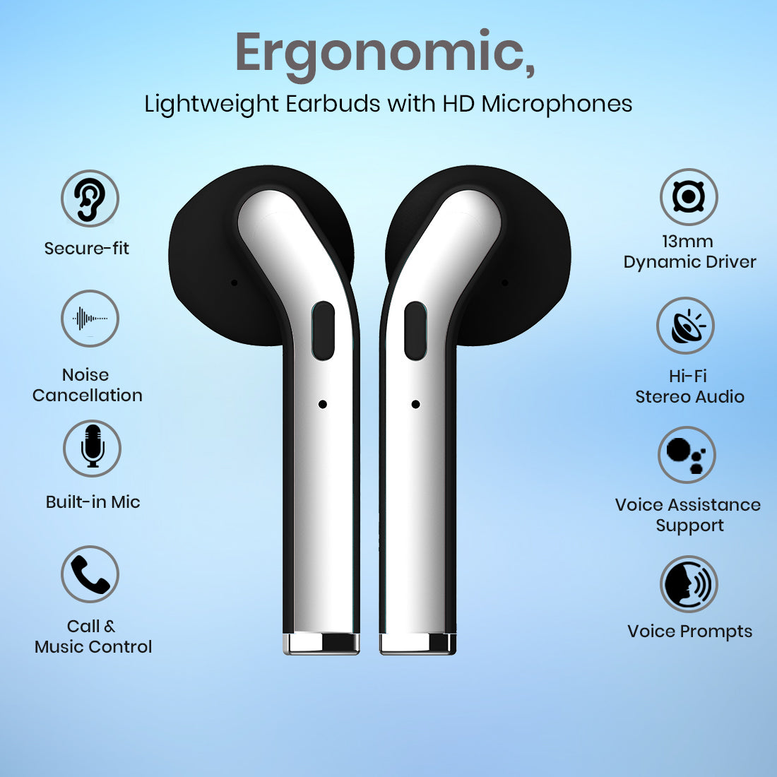 pTron Basspods 481 True Wireless Bluetooth v5.0 Headphones, Hi-Fi Stereo Sound, Fast Pairing, Passive Noise Cancelling TWS Earbuds, Voice Assistance, 12Hrs Playtime with Case & HD Mic (Black & Silver)