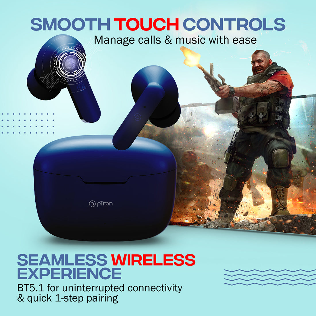 pTron Bassbuds Duo In-Ear TWS Earbuds w/ Dual HD Mic, Pristine Sound, 32Hrs Playtime, Bluetooth v5.1 Headphones, 13mm Drivers, Type-C Charging, Voice Assistant & IPX4 Water Resistant (Midnight Blue)