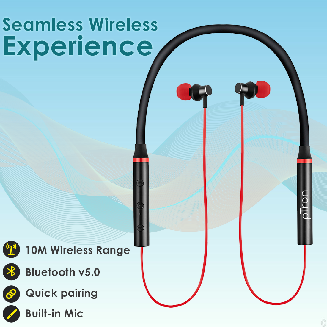 pTron Tangentbeat in Ear Bluetooth Wireless Headphones with Mic, Punchy Bass, 10mm Drivers, Clear Calls, Dual Pairing, Fast Charging, Magnetic Buds, Voice Assist & IPX4 Wireless Neckband (Black & Red)