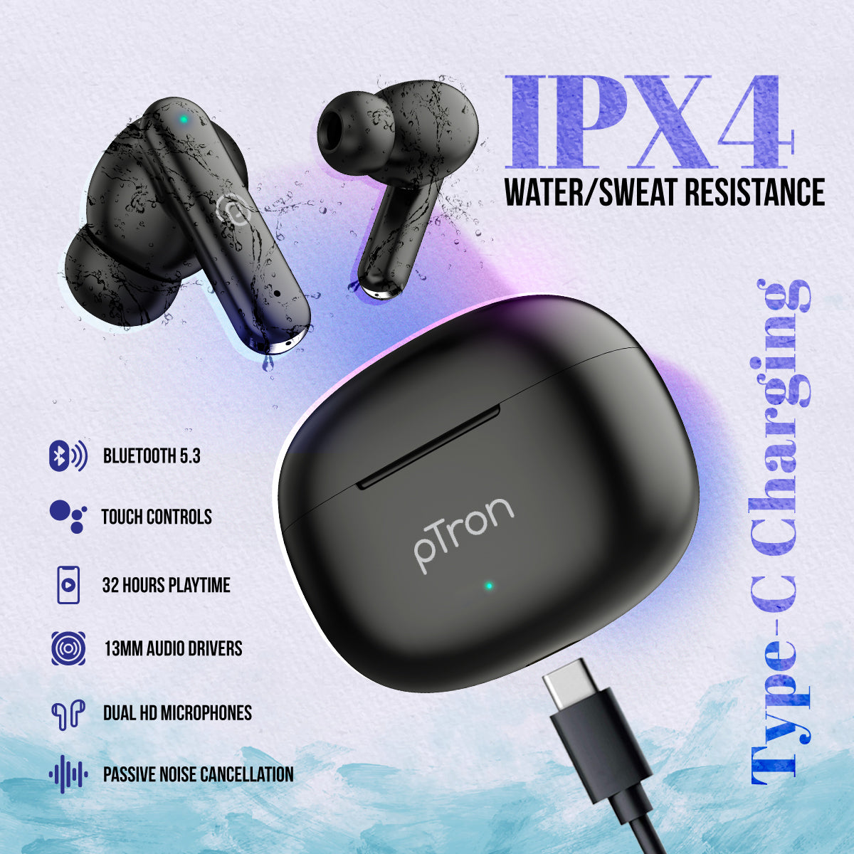 pTron Bassbuds Joy In-Ear TWS Earbuds w/ Dual HD Mic, Pristine Sound, 32Hrs Playtime, Bluetooth v5.1 Headphones, 13mm Drivers, Type-C Charging, Voice Assistant & IPX4 Water Resistant (Black)