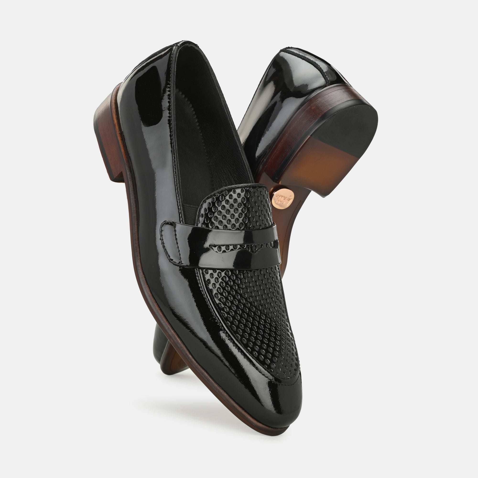 Patent Black Perforated Penny Loafers By Lafattio