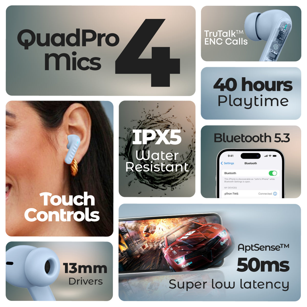 pTron Basspods Ace TWS in Ear Earbuds with 4 Quadpro Mics, 3D Audioscape, Trutalk Enc Calls, 40H Playtime, 50Ms Low-Latency Game/Music Modes, BT5.3, Type C Fast Charging & IPX5 Water Resistant (Light Blue)