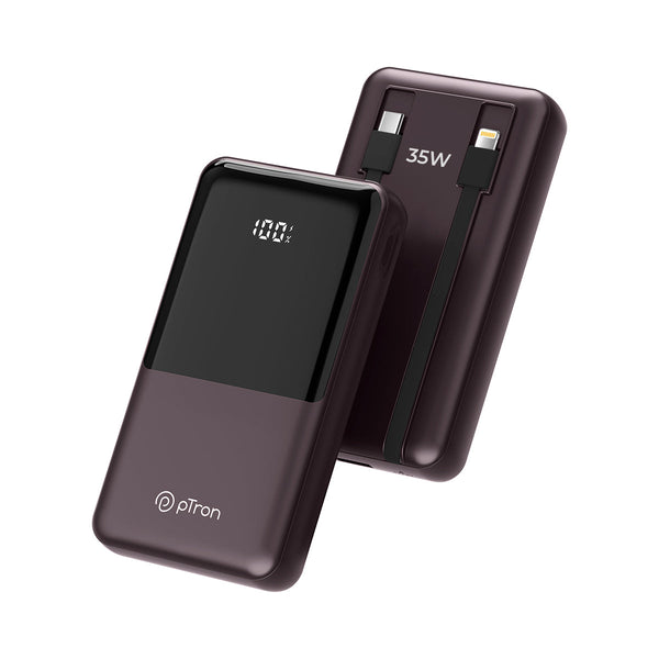 pTron Dynamo Bolt 20000mAh 35W Super Fast Charging, USB Type-C Input Power Bank Compatible with QC3.0/PD3.0 (Power Delivery), Built-in Charging Cables, 4 Charging Outputs, Type-C Input/Output Port (Brown)