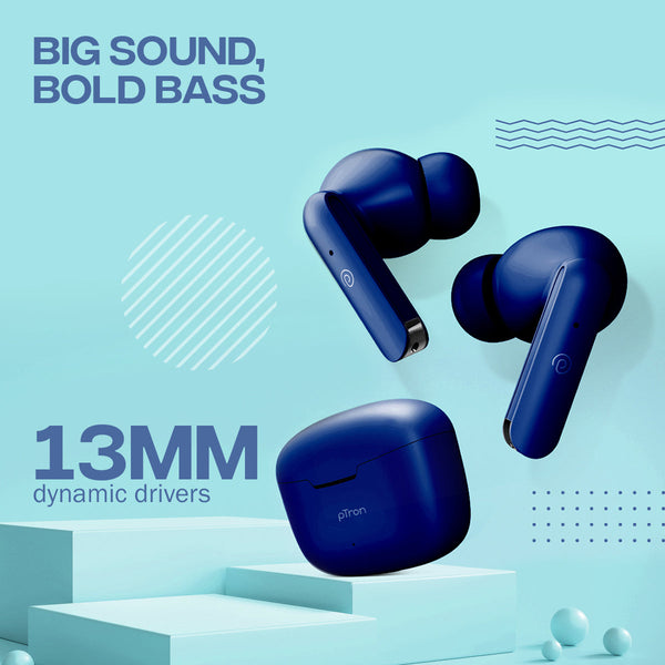 pTron Bassbuds Duo In-Ear TWS Earbuds w/ Dual HD Mic, Pristine Sound, 32Hrs Playtime, Bluetooth v5.1 Headphones, 13mm Drivers, Type-C Charging, Voice Assistant & IPX4 Water Resistant (Midnight Blue)