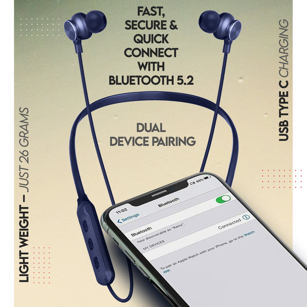 Zimo Aeroflex Bluetooth 5.2 Wireless in Ear Headphones, 18Hrs Playtime, Deep Bass, HD Calls, Dual Device Pairing, Voice Assist, Type-C Fast Charge Wireless Neckband, IPX4 (Blue)
