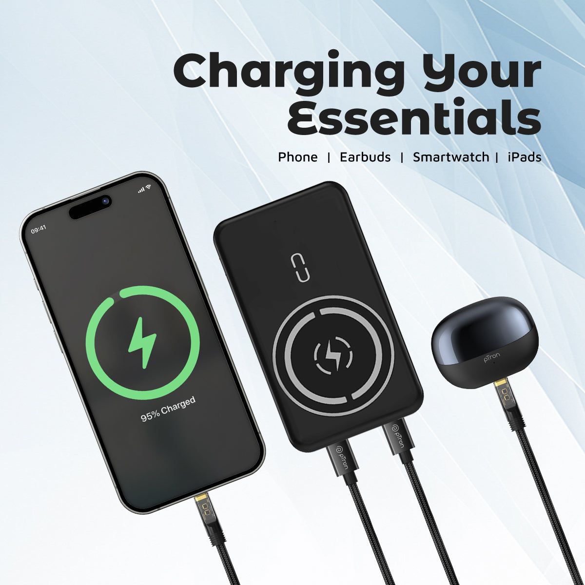 pTron Dynamo Arc 10000mAh 22.5W Fast Charging Power Bank, 15W Wireless Charging, 20W PD/Type C Fast Charging, 3 Outputs/2 Inputs, Digital Display, Built-in Cables & BIS Certified (Black)