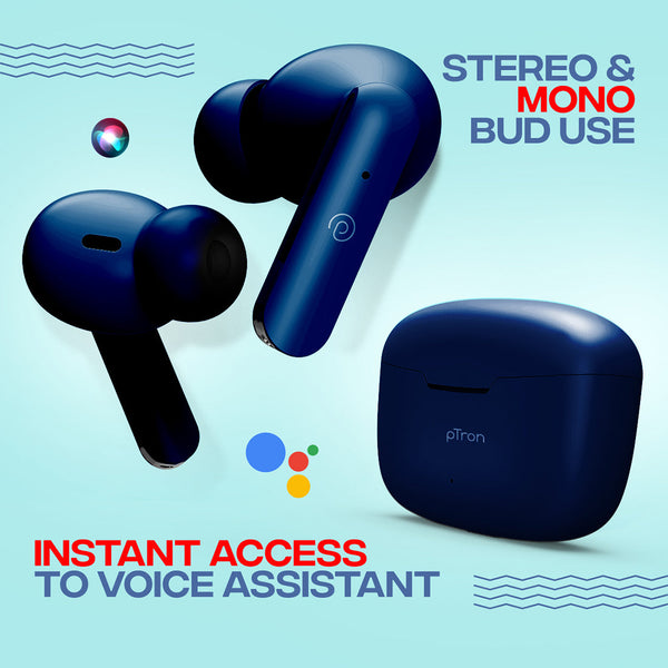 pTron Bassbuds Duo In-Ear TWS Earbuds w/ Dual HD Mic, Pristine Sound, 32Hrs Playtime, Bluetooth v5.1 Headphones, 13mm Drivers, Type-C Charging, Voice Assistant & IPX4 Water Resistant (Midnight Blue)