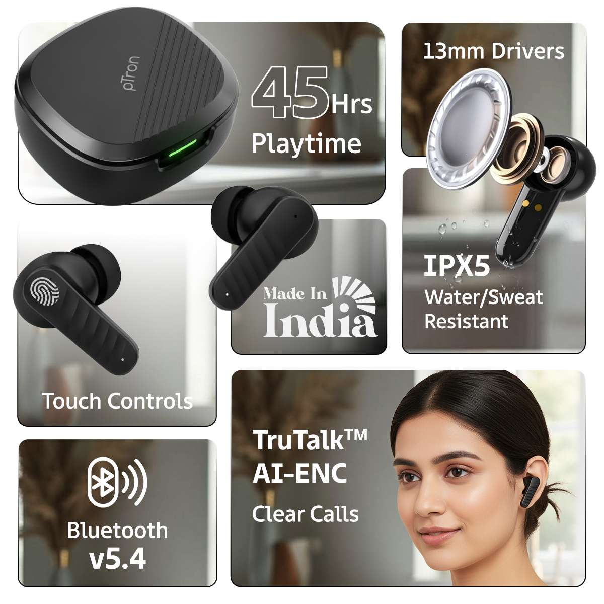 pTron Bassbuds NEO TWS Earbuds w/ 13mm Drivers, 45Hrs Playtime, Dual HD Mic & AI-ENC Calls, Custom EQ, Mobile App, Bluetooth V5.4 Earphones, Voice Assistant, Type C Fast Charging & IPX5 (Raven Black)