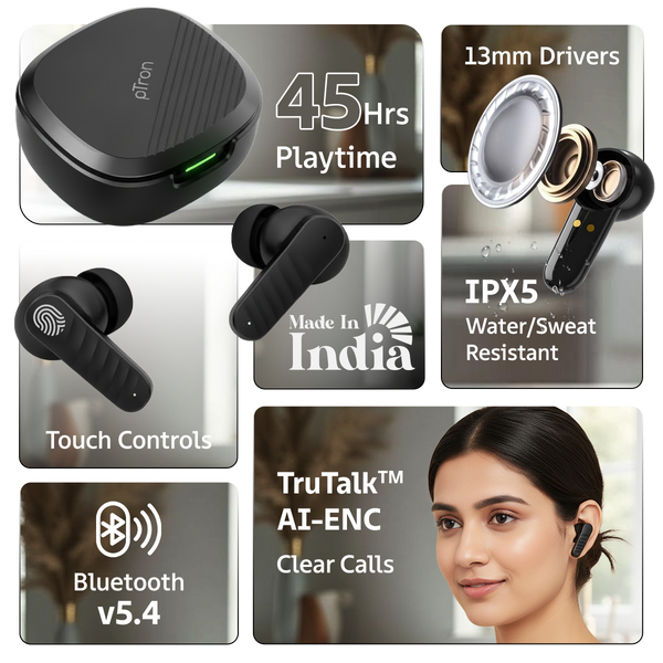pTron Bassbuds NEO TWS Earbuds w/ 13mm Drivers, 45Hrs Playtime, Dual HD Mic & AI-ENC Calls, Custom EQ, Mobile App, Bluetooth V5.4 Earphones, Voice Assistant, Type C Fast Charging & IPX5 (Raven Black)