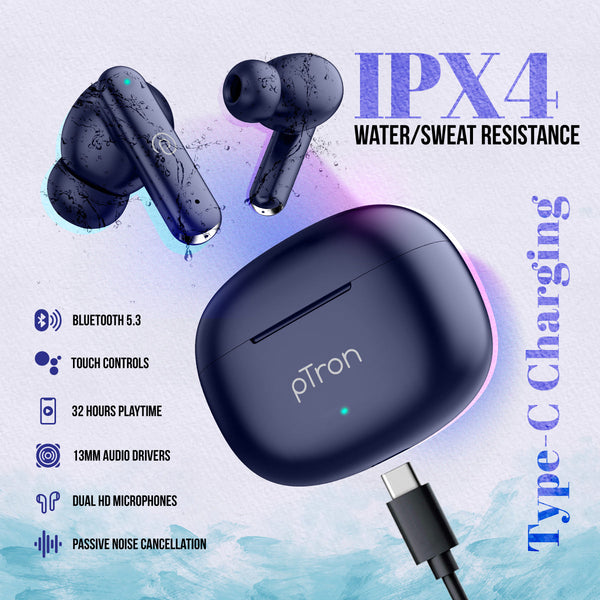 pTron Bassbuds Air in-Ear TWS Earbuds with 13mm Driver for Immersive Sound, 32Hrs Playtime, Clear Calls, Bluetooth V5.1, Touch Control, TypeC Fast Charging, Voice Assist & IPX4 Water Resistant (Blue)
