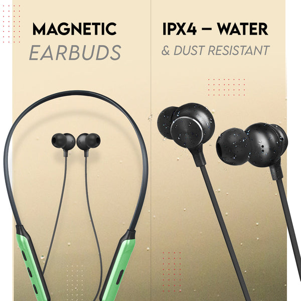 Zimo Aeroflex Bluetooth 5.2 Wireless in Ear Headphones, 18Hrs Playtime, Deep Bass, HD Calls, Dual Device Pairing, Voice Assist, Type-C Fast Charge Wireless Neckband, IPX4 (Green & Jet Black)