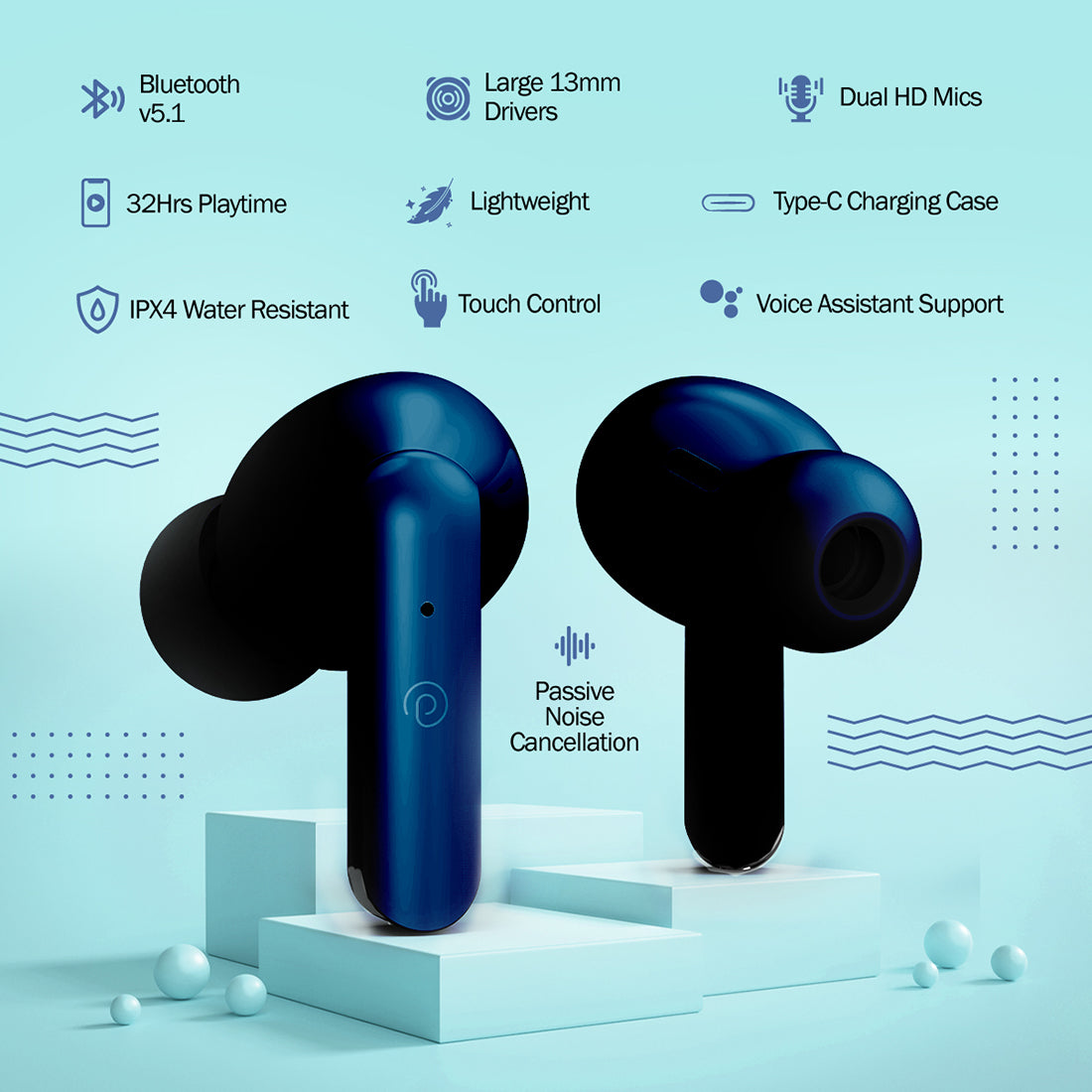 pTron Bassbuds Duo In-Ear TWS Earbuds w/ Dual HD Mic, Pristine Sound, 32Hrs Playtime, Bluetooth v5.1 Headphones, 13mm Drivers, Type-C Charging, Voice Assistant & IPX4 Water Resistant (Midnight Blue)