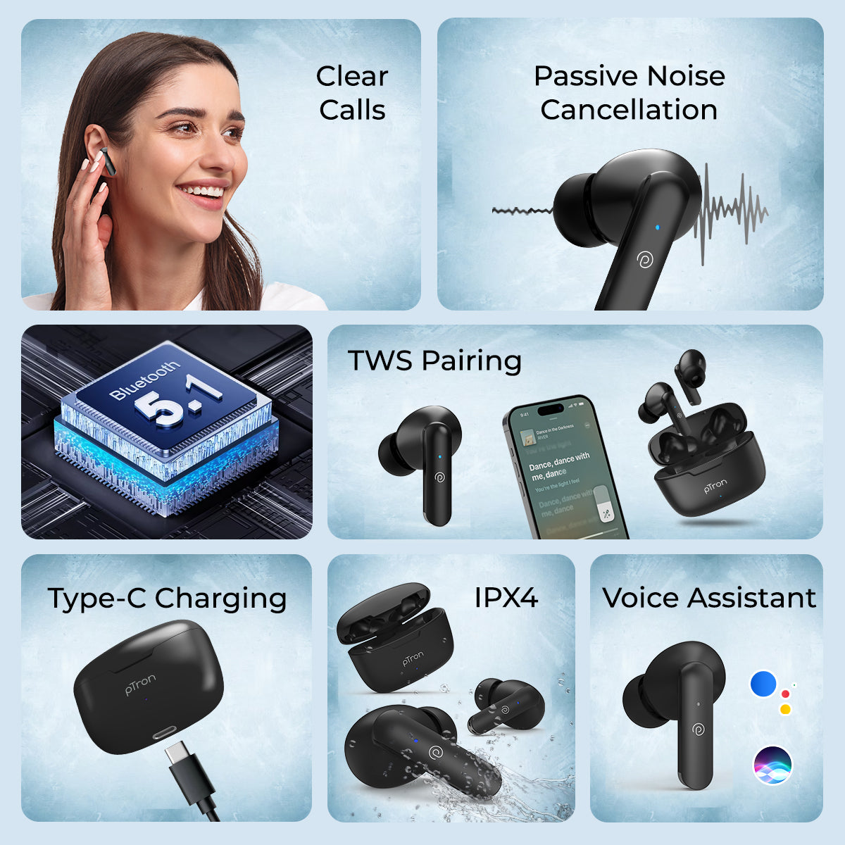 pTron Basspods P81 in-Ear Wireless Earbuds, Pristine Sound, 32Hrs Playtime, Clear Calls TWS Earbuds, Bluetooth V5.1 Headphone, Type-C Fast Charging, Voice Assist & IPX4 Water Resistant (Black)