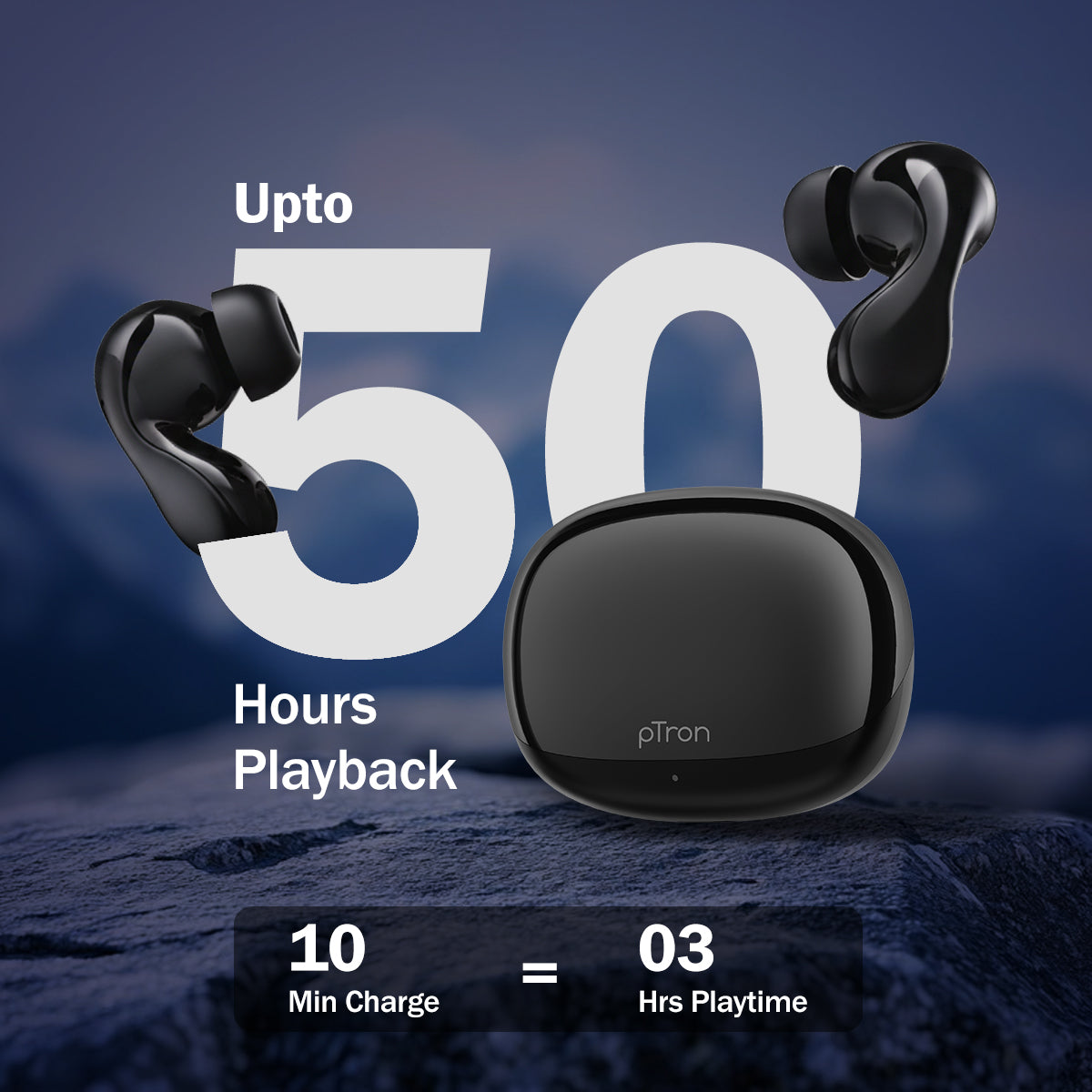 pTron Bassbuds Tango in-Ear TWS Ear Buds w/Custom EQ, 50hrs Playtime, Pristine Sound, Dual Mic, TruTalk ENC Calls, Mobile App, Wireless Bluetooth v6.0, Touch Controls, Type-C Charging, IPX5 (Space Black)