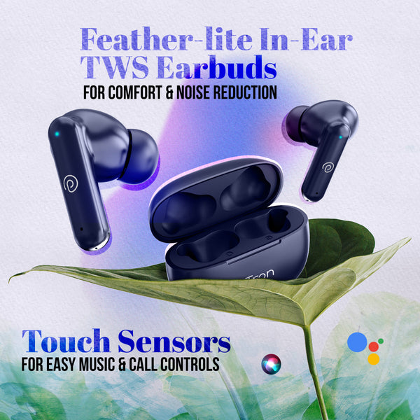 pTron Bassbuds Joy In-Ear TWS Earbuds w/ Dual HD Mic, Pristine Sound, 32Hrs Playtime, Bluetooth v5.1 Headphones, 13mm Drivers, Type-C Charging, Voice Assistant & IPX4 Water Resistant (Blue)