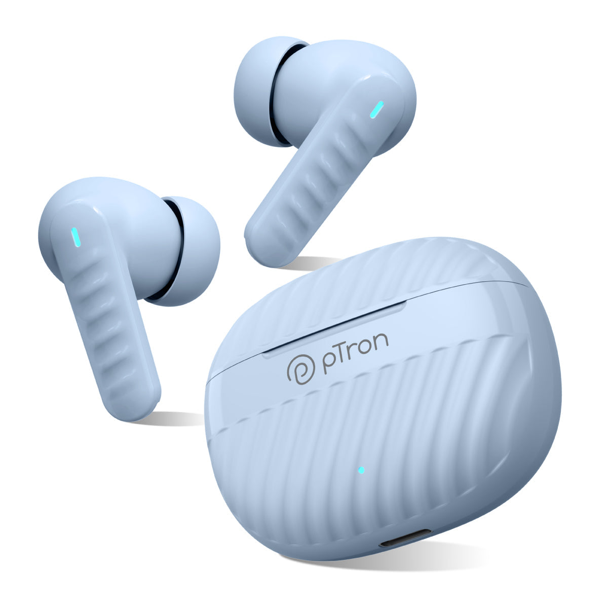 pTron Basspods Ace TWS in Ear Earbuds with 4 Quadpro Mics, 3D Audioscape, Trutalk Enc Calls, 40H Playtime, 50Ms Low-Latency Game/Music Modes, BT5.3, Type C Fast Charging & IPX5 Water Resistant (Light Blue)