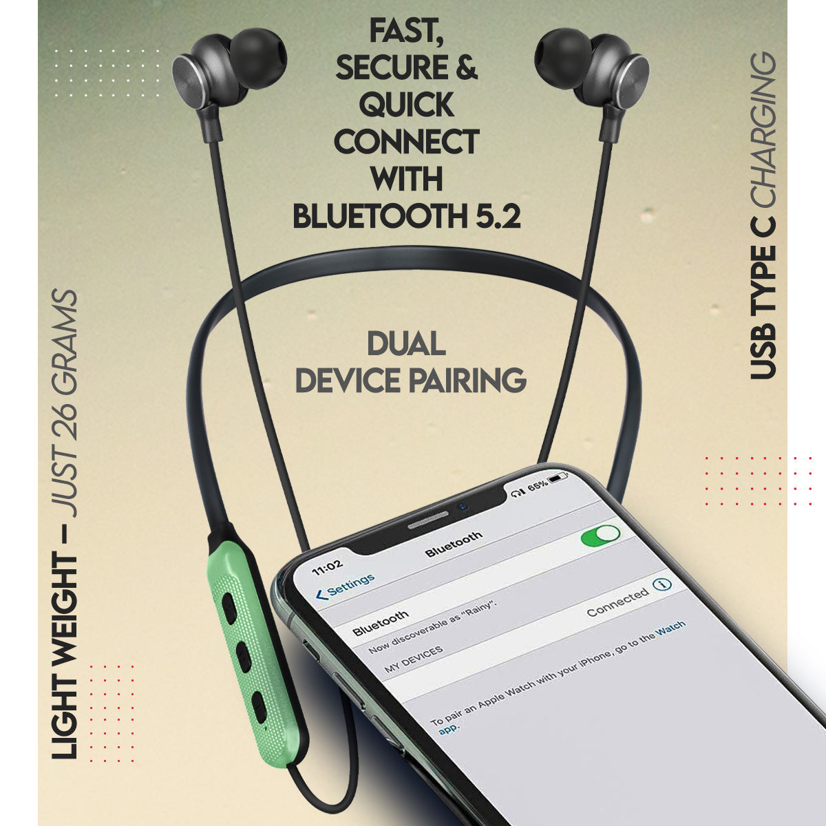 Zimo Aeroflex Bluetooth 5.2 Wireless in Ear Headphones, 18Hrs Playtime, Deep Bass, HD Calls, Dual Device Pairing, Voice Assist, Type-C Fast Charge Wireless Neckband, IPX4 (Green & Jet Black)