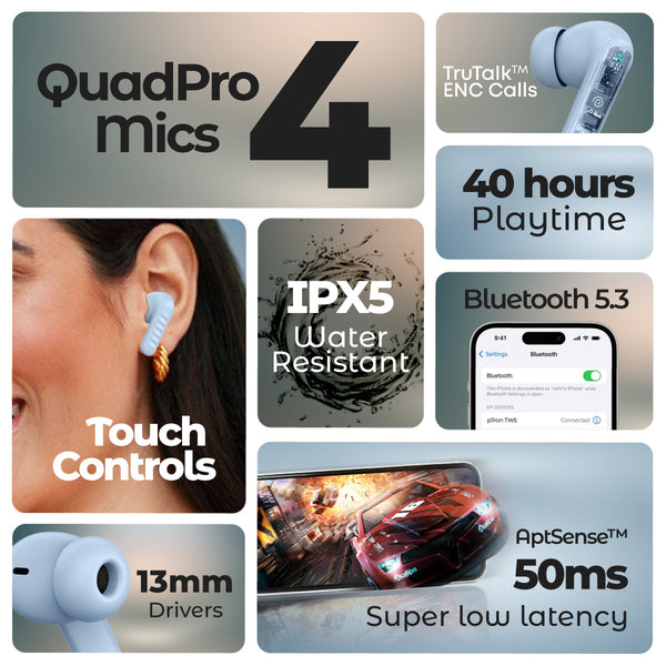 pTron Bassbuds Bliss TWS in Ear Earbuds with 4 Quadpro Mics, 3D Audioscape, Trutalk Enc Calls, 40H Playtime, 50Ms Low-Latency Game/Music Modes, BT5.3, Type C Fast Charging & IPX5 Water Resistant (Light Blue)