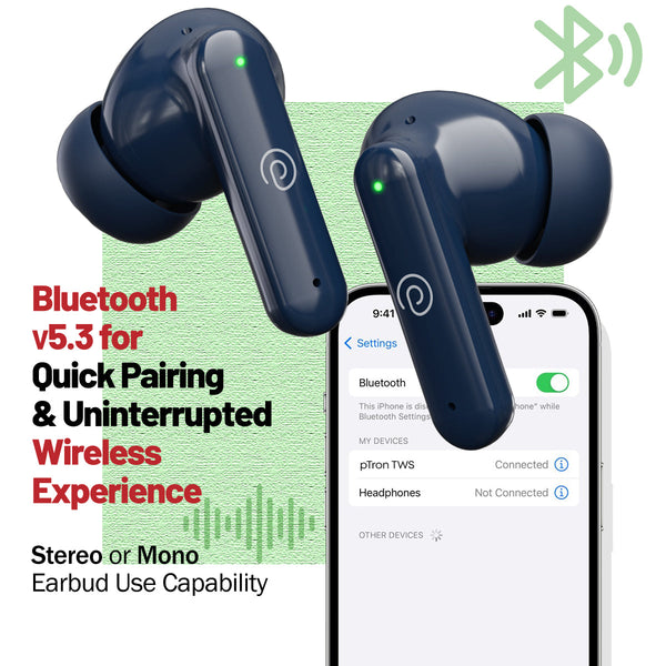 pTron Zenbuds X1 Quad Mic TWS Earbuds, TruTalk ENC Calls, 40H Playtime, In-Ear Sensor, 40ms Movie/Music Modes,Bluetooth 5.3 Headphones, TypeC Fast Charging & IPX5 Water Resistant (Blue)