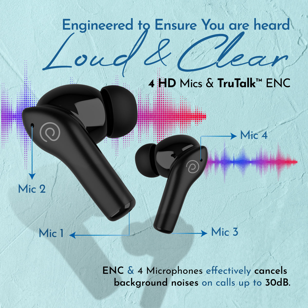 pTron Basspods Encore Quad Mic ENC TWS Earbuds with 50H Playtime, Immersive Sound, in-Ear Bluetooth 5.3 Headphones, Type-C Fast Charging, Voice Assistant, Touch Controls & IPX4 Water Resistant (Black)
