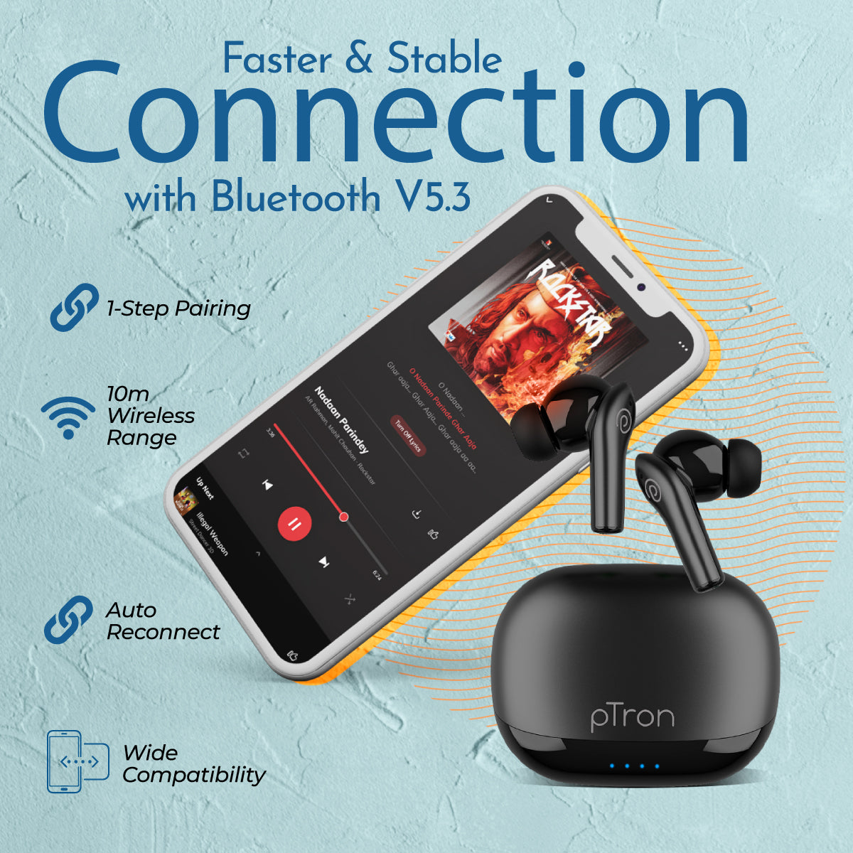 pTron Zenbuds Evo X1 Pro In-Ear TWS Earbuds, 65Hrs Playtime, 4 Mic TruTalk ENC Calls, Deep Bass, Bluetooth 5.3 Headphones,Fast Type-C Charging,Voice Asst. Touch Controls & IPX5 Water Resistant (Black)
