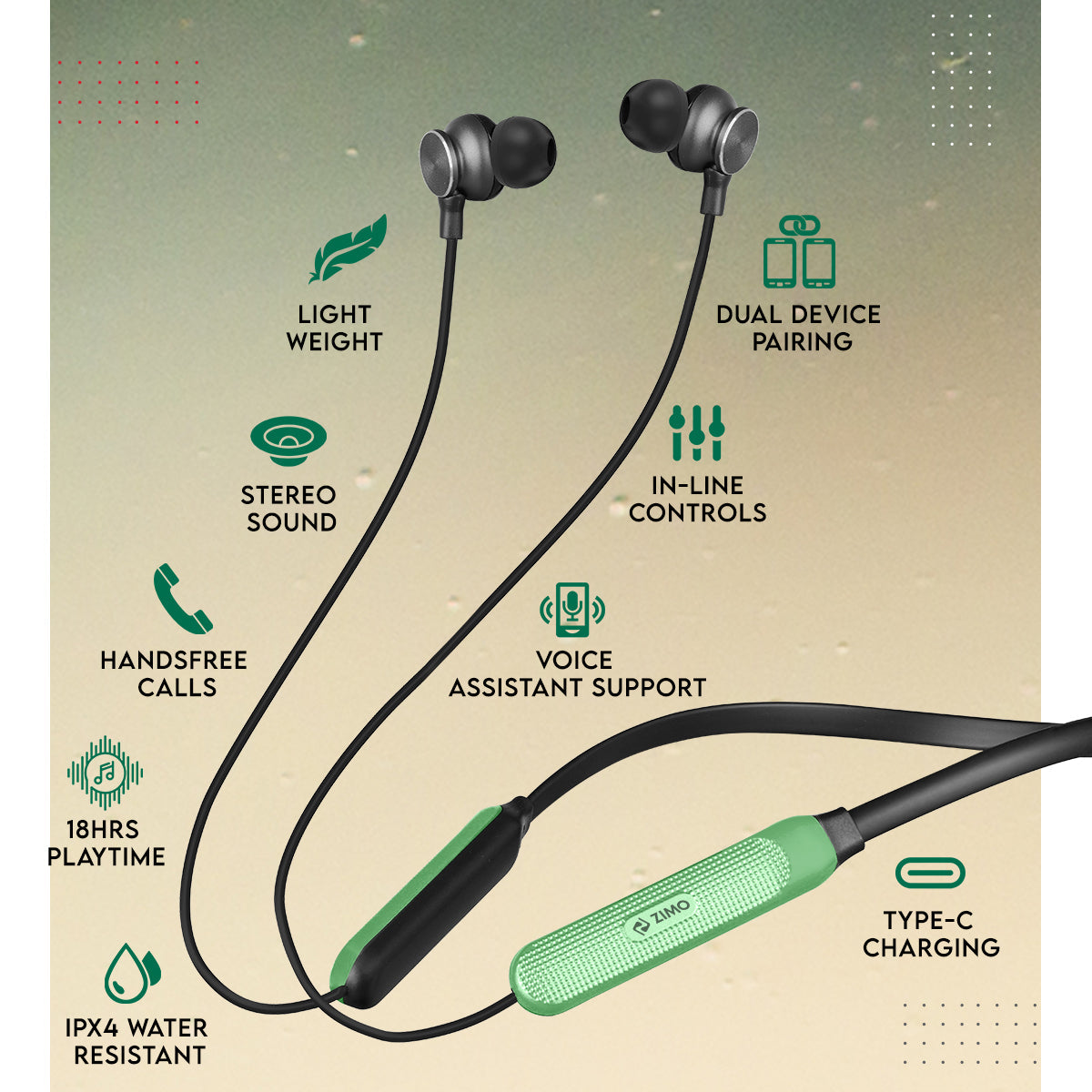 Zimo Aeroflex Bluetooth 5.2 Wireless in Ear Headphones, 18Hrs Playtime, Deep Bass, HD Calls, Dual Device Pairing, Voice Assist, Type-C Fast Charge Wireless Neckband, IPX4 (Green & Jet Black)