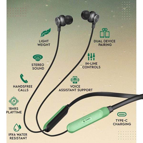 Zimo Aeroflex Bluetooth 5.2 Wireless in Ear Headphones, 18Hrs Playtime, Deep Bass, HD Calls, Dual Device Pairing, Voice Assist, Type-C Fast Charge Wireless Neckband, IPX4 (Green & Jet Black)