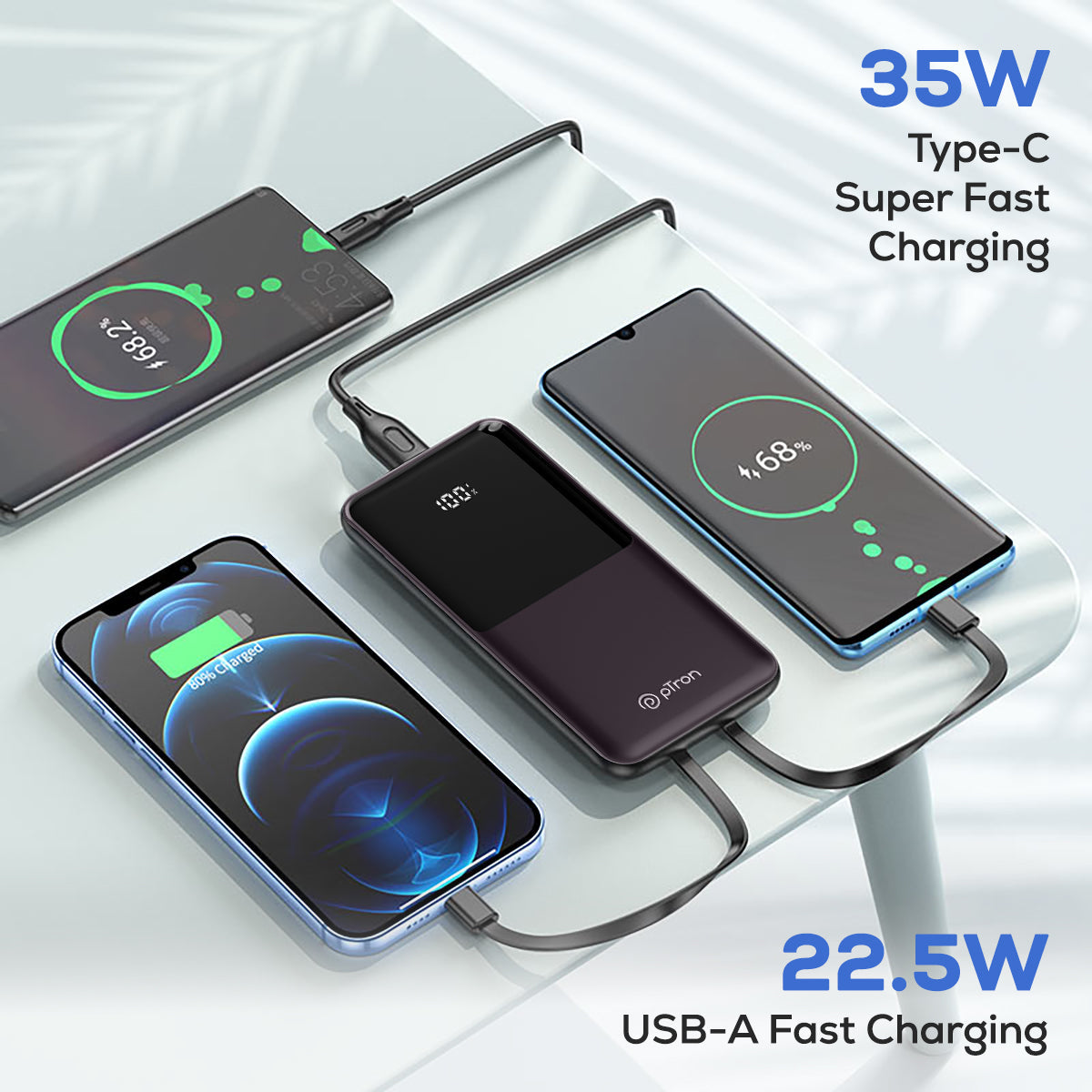 pTron Dynamo Bolt 20000mAh 35W Super Fast Charging, USB Type-C Input Power Bank Compatible with QC3.0/PD3.0 (Power Delivery), Built-in Charging Cables, 4 Charging Outputs, Type-C Input/Output Port (Brown)