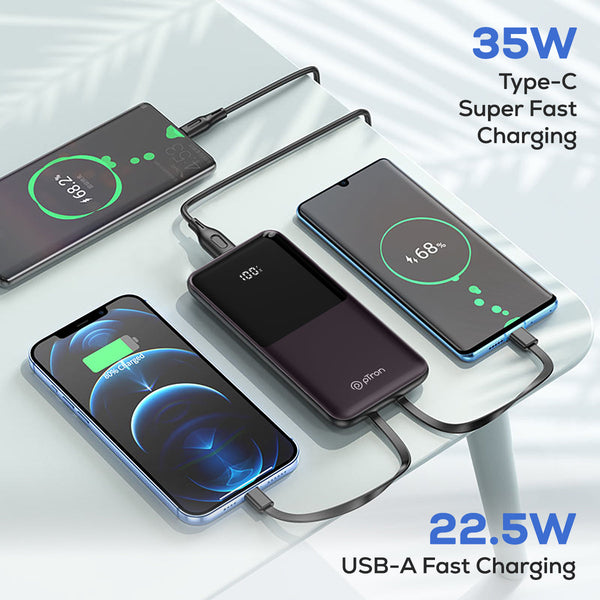 pTron Dynamo Bolt 20000mAh 35W Super Fast Charging, USB Type-C Input Power Bank Compatible with QC3.0/PD3.0 (Power Delivery), Built-in Charging Cables, 4 Charging Outputs, Type-C Input/Output Port (Brown)